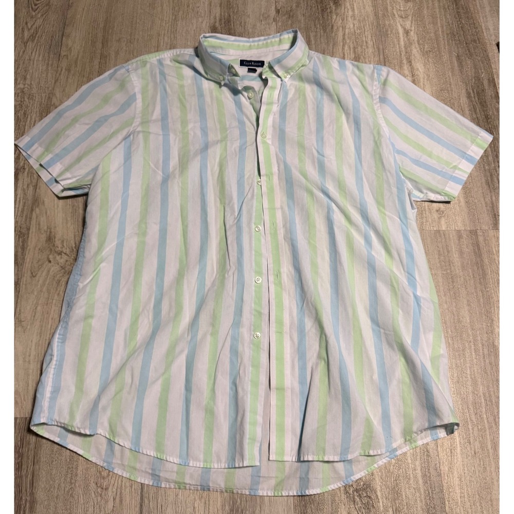 Club Room Mens XXL Short Sleeve Button Down Shirt Blue Green Striped Preppy